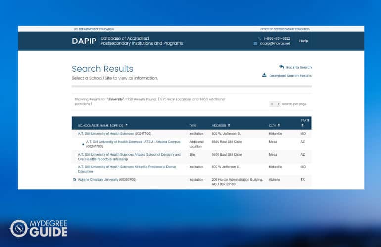 screenshot of looking a school at DAPIP website