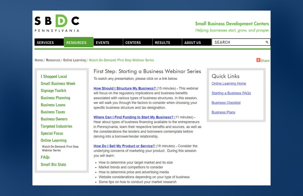 PA SBDC Starting a business webinar course
